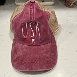Rae Dunn USA hag cap mesh back adjustable size red and tan with stars NWT